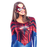 Spider-Girl Dress and Mask - Adult, metallic fabric with iconic spider web print, dress has a slit in front, plus mask.