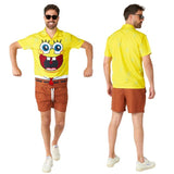 Spongebob summer swim suit, shirt with face and tie print on the front, brown board shirts.