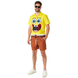 SpongeBob Summer Swim Suit,  face on yellow shirt, brown board shorts. 