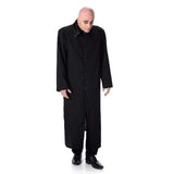 Spooky Gent Costume long black coat with fur collar, buttons up with bald cap.