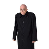 Spooky Gent Costume long black coat with fur collar, buttons up with bald cap.