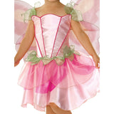 Springtime Fairy Child Costume, dress with pink layered skirt, corset style top and large wings.