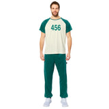 Squid game contestant costume in green with cream t-shirt 456 number.