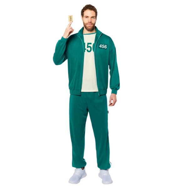 Squid game contestant costume, green tracksuit with 456 number.