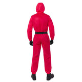 Squid Game Guard Jumpsuit Adult Costume, red jumpsuit with black belt and hood.