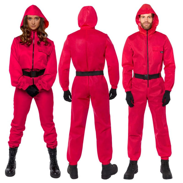 Squid Game Guard Jumpsuit Adult Costume, red jumpsuit with black belt and hood.