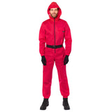 Squid Game Guard Jumpsuit Adult Costume, red jumpsuit with black belt and hood.