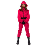 Squid Game Guard Jumpsuit Adult Costume, red jumpsuit with black belt and hood.