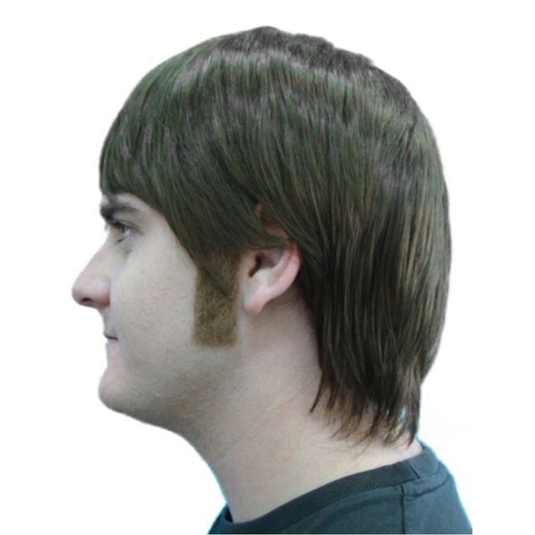 straight sideburns made from human hair, brown, realistic, attache with double sided tape.