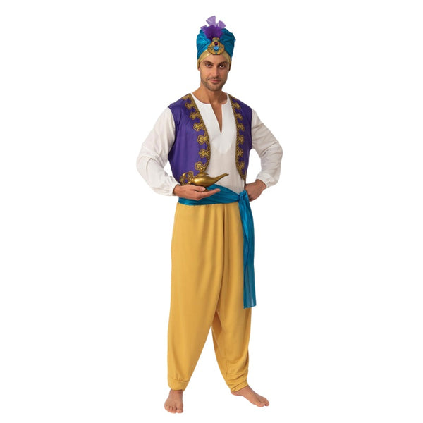 Sultan Arabian Prince Costume - Adult, cream shirt with attached purple vest with gold detail, gold harem style pants and headdress.
