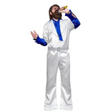 super trooper abba man costume includes white jumpsuit with pockets and blue attached shirt, belt and inglatable microphone.