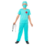 surgeon child costume, short sleev scrubs with medical emblem on chest, pants, top, mask and hat.