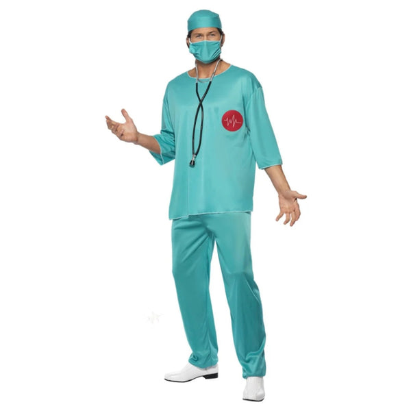 Surgeon Scrubs Adult Costume, elbow length scrubs, top with medic emblem, pants, mask,  hat.