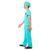 surgeon child costume, short sleev scrubs with medical emblem on chest, pants, top, mask and hat.