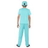 surgeon child costume, short sleev scrubs with medical emblem on chest, pants, top, mask and hat.