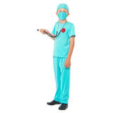 surgeon child costume, short sleev scrubs with medical emblem on chest, pants, top, mask and hat.