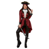 Swashbuckler Pirate Deluxe burgundy Costume,  red jacket, contrasting cuffs, hat and ruffle collar.Burgundy