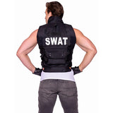 Swat Commander hire, black sleeveless vest with lots of pockets and SWAT on back and front.