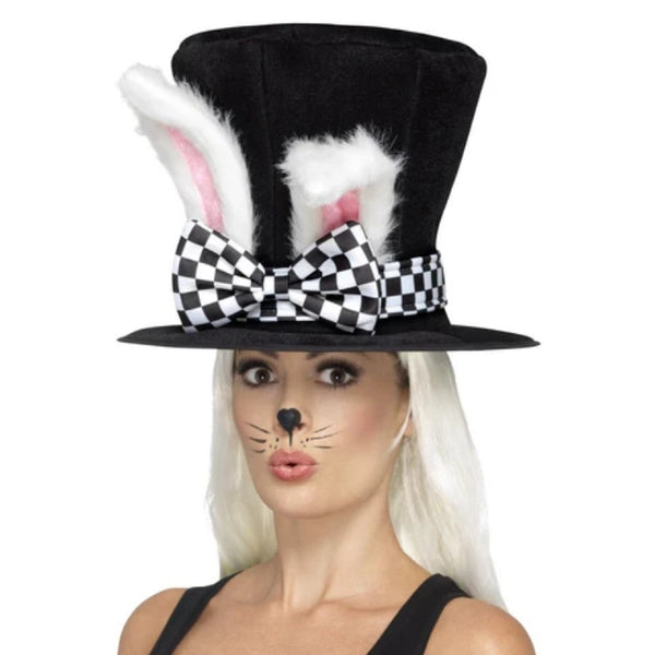 Tea Party March Hare Top Hat, black oversized top hat with attached bunny ears.