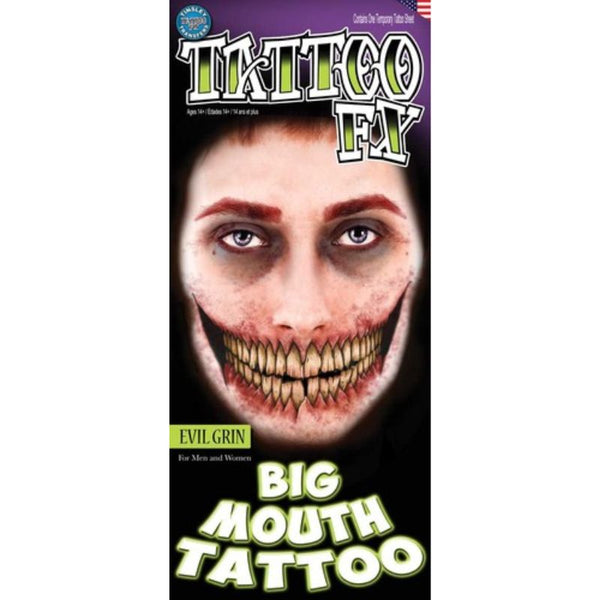 Tinsley Big Mouth Tattoo Kit FX Temporary Tattoo - Evil Grin, large mouth with toothy smile and yellowing teeth.