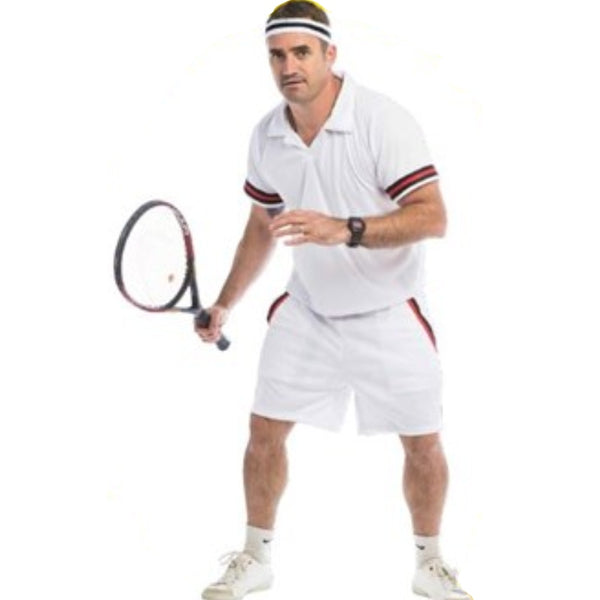 Tennis player costume, white shorts, polo shirt and headband.