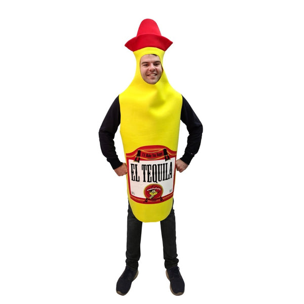 Tequila costume in yellow tunic and red cap with print.