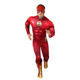 The Flash Deluxe Costume-Adult, jumpsuit with padded chest and arms attached boot tops and half mask.