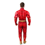 The Flash Deluxe Costume-Adult, jumpsuit with padded chest and arms attached boot tops and half mask.