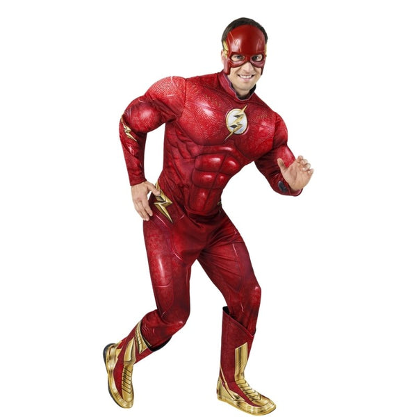 The Flash Deluxe Costume-Adult, jumpsuit with padded chest and arms attached boot tops and half mask.