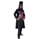 The Gothic Count Costume black and purple jacket, hat, mock waistcoat and attached cravat.