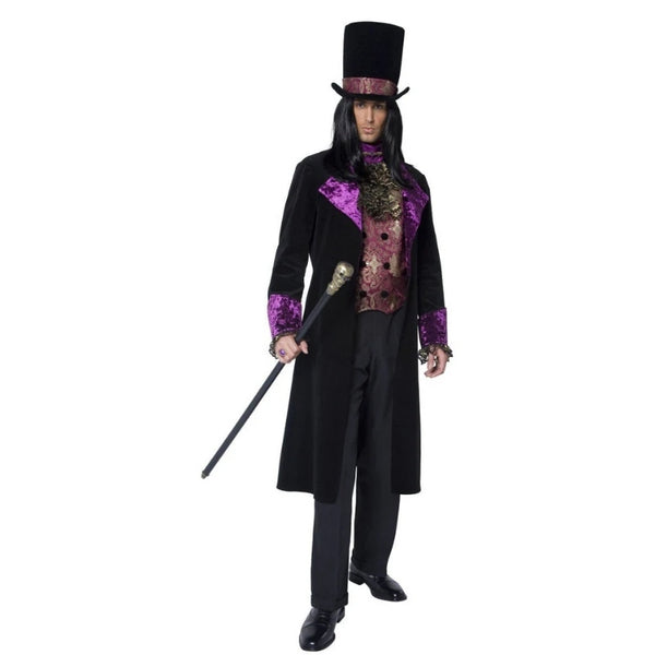 The Gothic Count Costume black and purple jacket, hat, mock waistcoat and attached cravat.