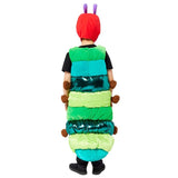 The hungry caterpillar costume, tabard costume with long back, sections in different coloured fabrics and textures.