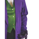 The Joker Classic Costume - Adult, purple jacket, green vest front with printed shirt and tie.
