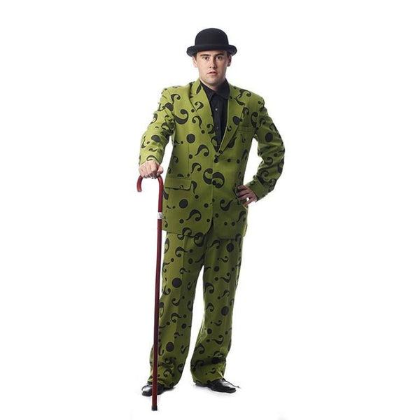 The questioner hire costume, is olive green suit with ? marks all over, quality jacket, pants with pockets, shirt, hat, tie and cane.