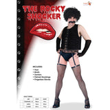 The rocker shocker male costume includes briefs, vest, garters and fishnet stockings.