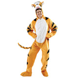 Tigger Deluxe Costume - Adult, orange jumpsuit with black stripes, white tummy, attached hood with padded Tigger face and tail.
