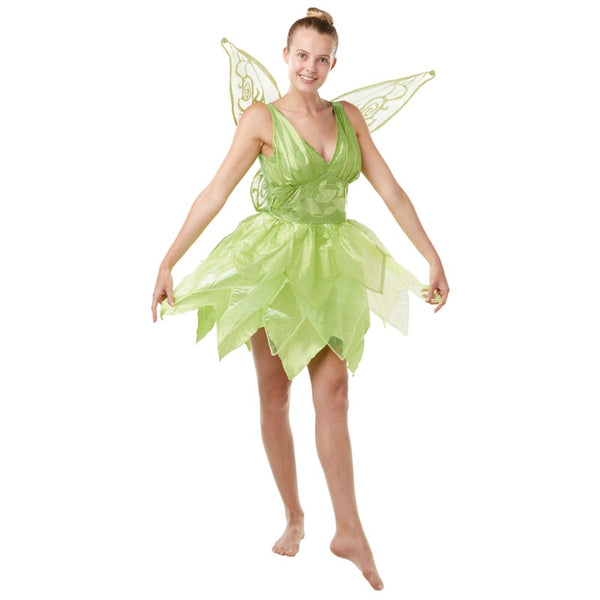 Tinkerbell Ladies Costume, green dress with 3 layered jagged hemline, V neckline with leaf print at waist and seperate wings.