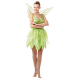 Tinkerbell ladies costume, layered tutu dress, bodice with fairy printed design and glittery tulle skirt.