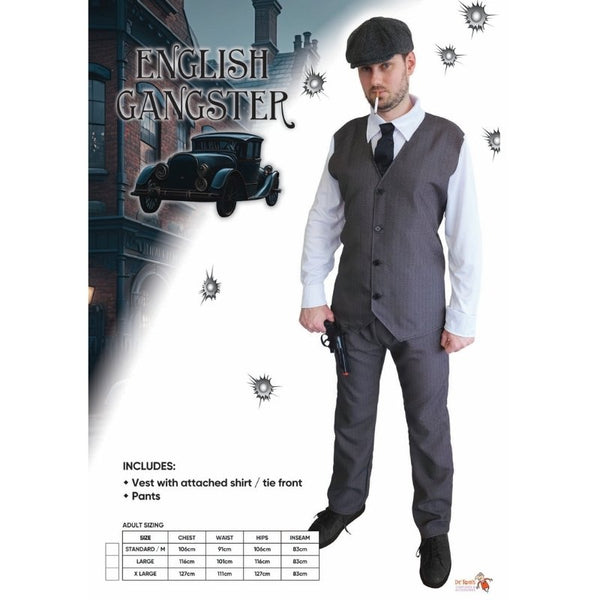 Tommy English Gangster Mens Costume, grey vest with attached shirt/tie front and pants.
