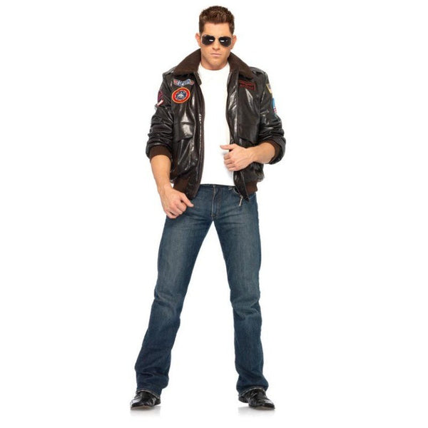 Top Gun Bomber Jacket - Hire, vinyl jacket with fur collar and several badges including Maverick. Hire includes Jacket, Glasses and Dog Tags.