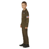 Top Gun Maverick Child's Aviator Costume, Green, jumpsuit with usa flag badge on sleeve, wings on chest.