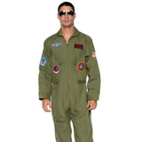 Top gun flight suit, jumpsuit with pockets at chest and hips, lots of badges.