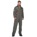 Top Gun Flight Suit - Hire, green jumpsuite with several pockets and numerous badges including Maverick and Goose. A variety of sizes available in small to 2 XL. Includes jumpsuit, glasses and dog tags.