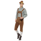 Traditional Deluxe Hanz Bavarian Costume, brown lederhosen with decoration on the braces and front of the long lederhosen, green check shirt.