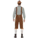 Traditional Deluxe Hanz Bavarian Costume, brown suede like fabric, knee length, adjustable at waist back, plus green check shirt.