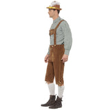 Traditional Deluxe Hanz Bavarian Costume, long shorts with braces, decorated with lacing at the knee, green check shirt.