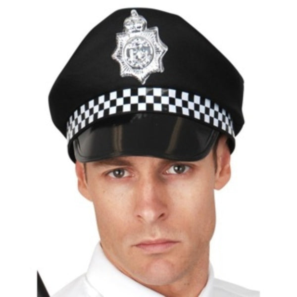 UK Police Hat, black cap with black and white check band and plastic badge on the front.