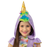 Unicorn child costume velour dress and hood, rainbow mane and gold horn.