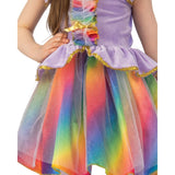 Unicorn child costume with rainbow satin skirt and glitter net overlay.