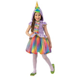 Unicorn child costume, dress with  rainbow skirt, purple top and peplum, attached hood with gold horn.